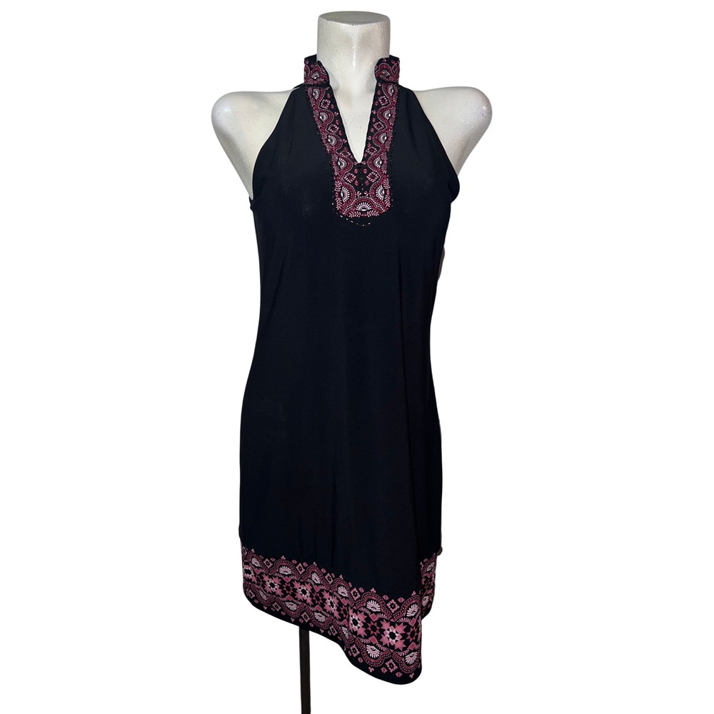 White House Black Market Black Embroidered Halter Sheath Dress Medium
